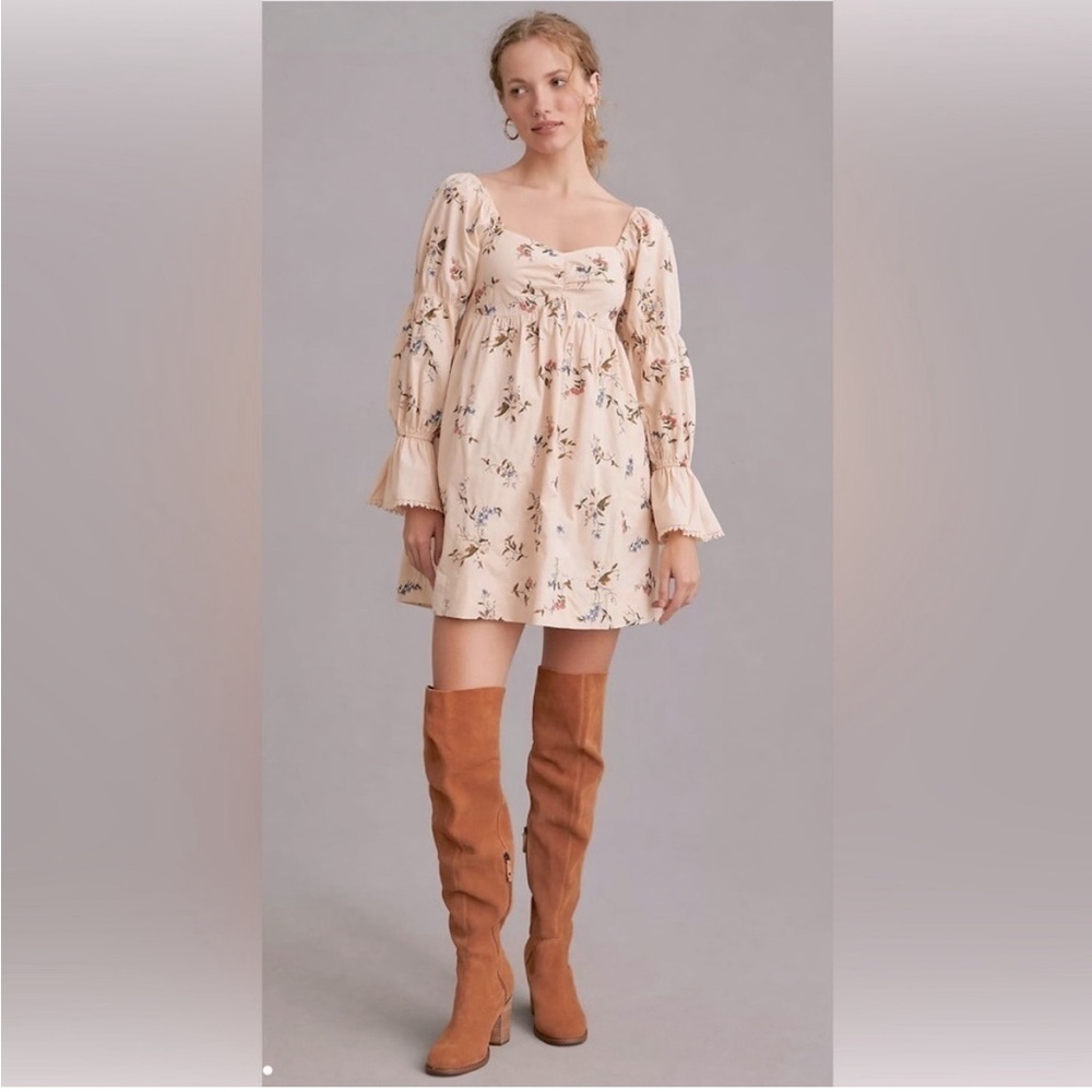 BY ANTHROPOLOGIE LONG-SLEEVE EMBROIDERED FLORAL MINI DRESS